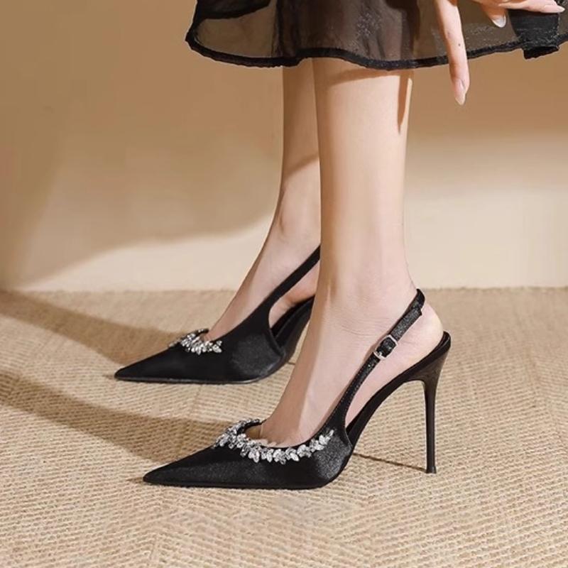 Baotou Sandals Women's Spring 2025 New Rhinestone High Heels Stiletto Non-slip Pointed French Temperament Women's Single Shoes