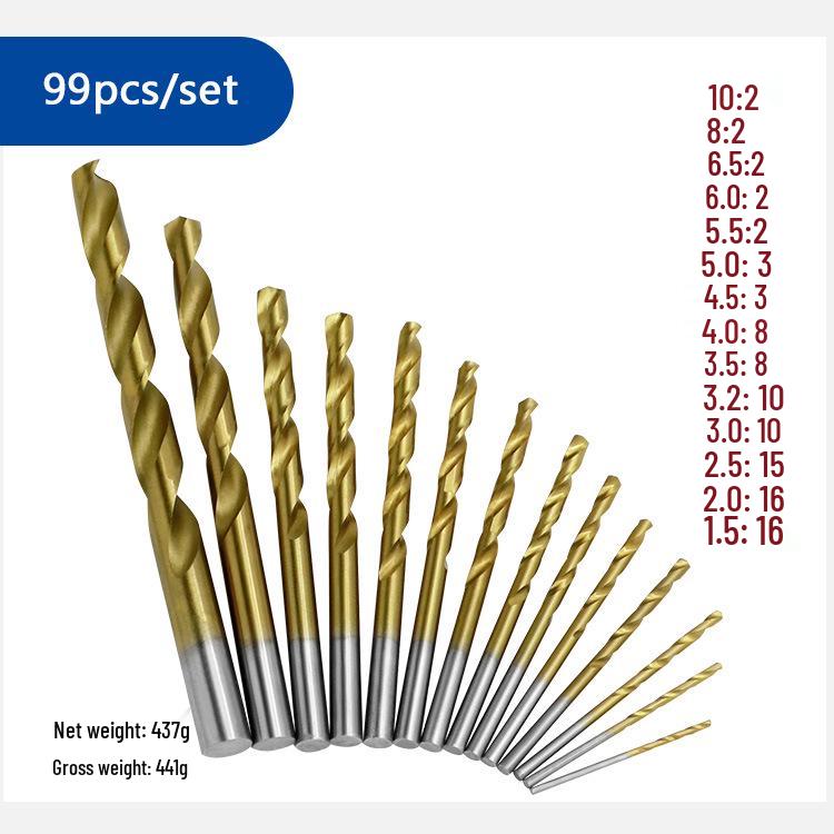 50PCS Titanium-Coated HSS Spiral Drill Bits, 1.0-3.0mm, Round Handle, Straight Shank