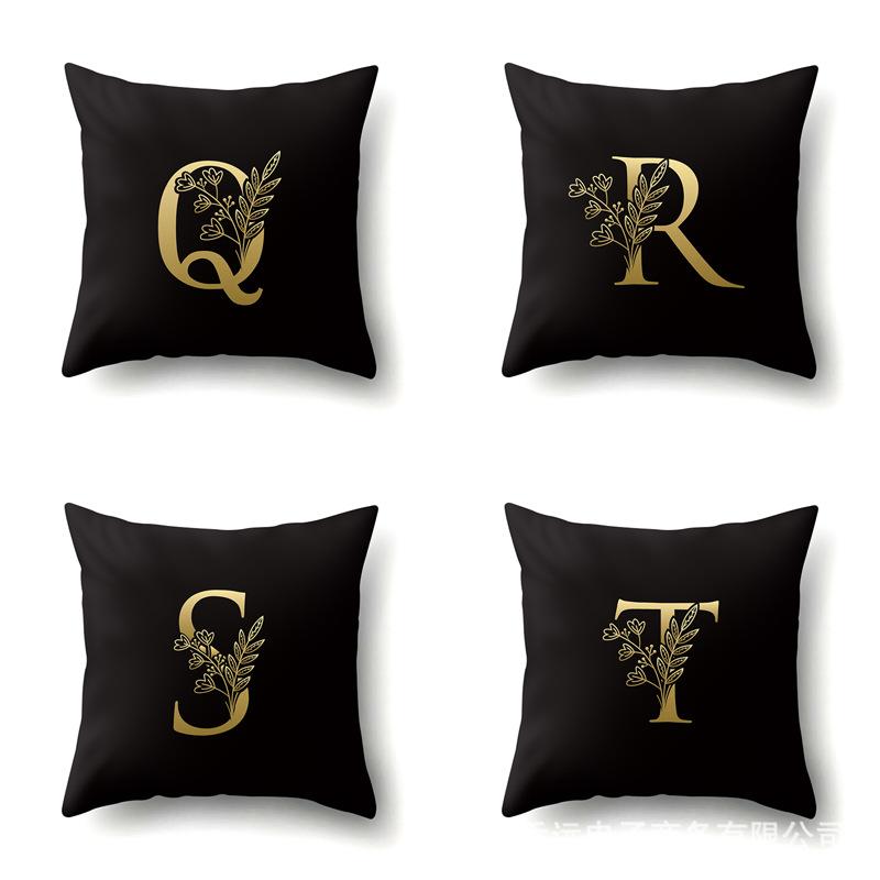 Polyester Pillowcase Car Decoration Black Gold Flower Pillowcase 26 English Letters Home Cushion Cover