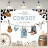2D flaches Banner, 1 Stück Jeans-Taufhintergrund „Der kleine Cowboy kommt“