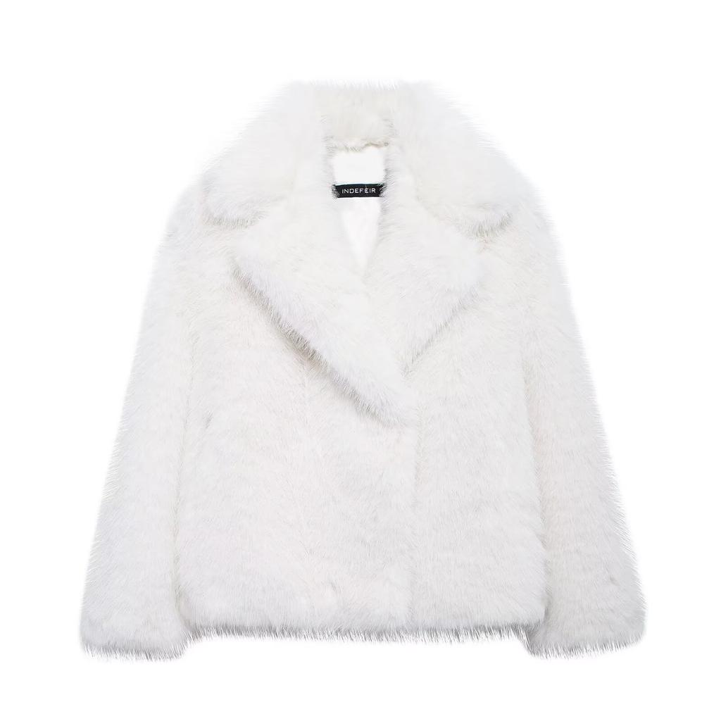 Chaqueta de Mujer con Cuello Solapa, Manga Larga, Corte Holgado, Piel Sintética, Ropa de Abrigo Informal