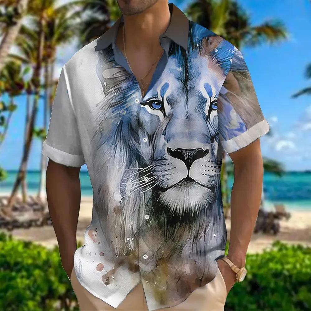Hawaiian Men's Shirt Animal Print Summer New And Women's Lion Pattern Short Sleeve Loose Large Breathable Top