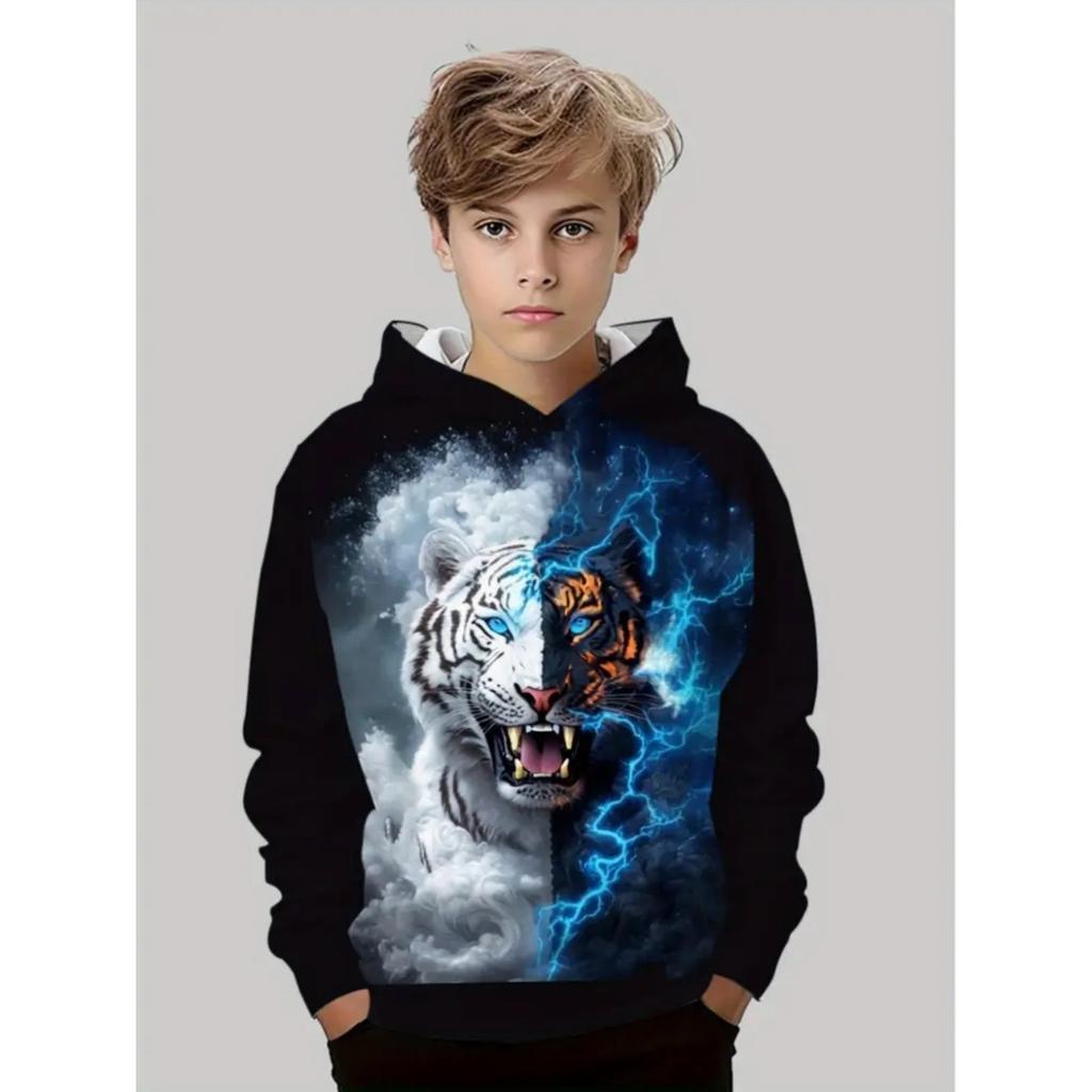 Animal Hoodie Cool Tiger Pattern 3D Print Tops Autumn Fashion Loose Pullover Long-Sleeve Hoodie Comfort Children's Clothing Boy