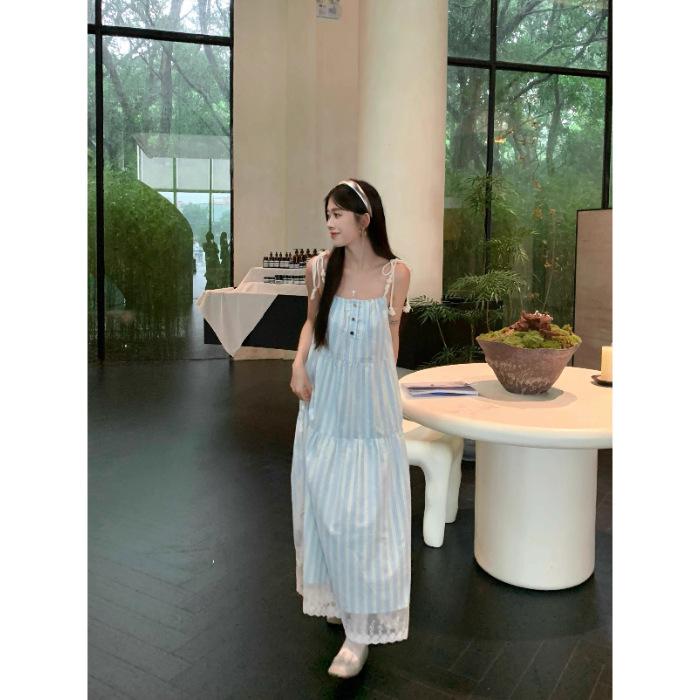 

[Original Practice] French First Love Blue Suspender Dress Summer Japanese Literary Lazy Wind Long Dress Slack S