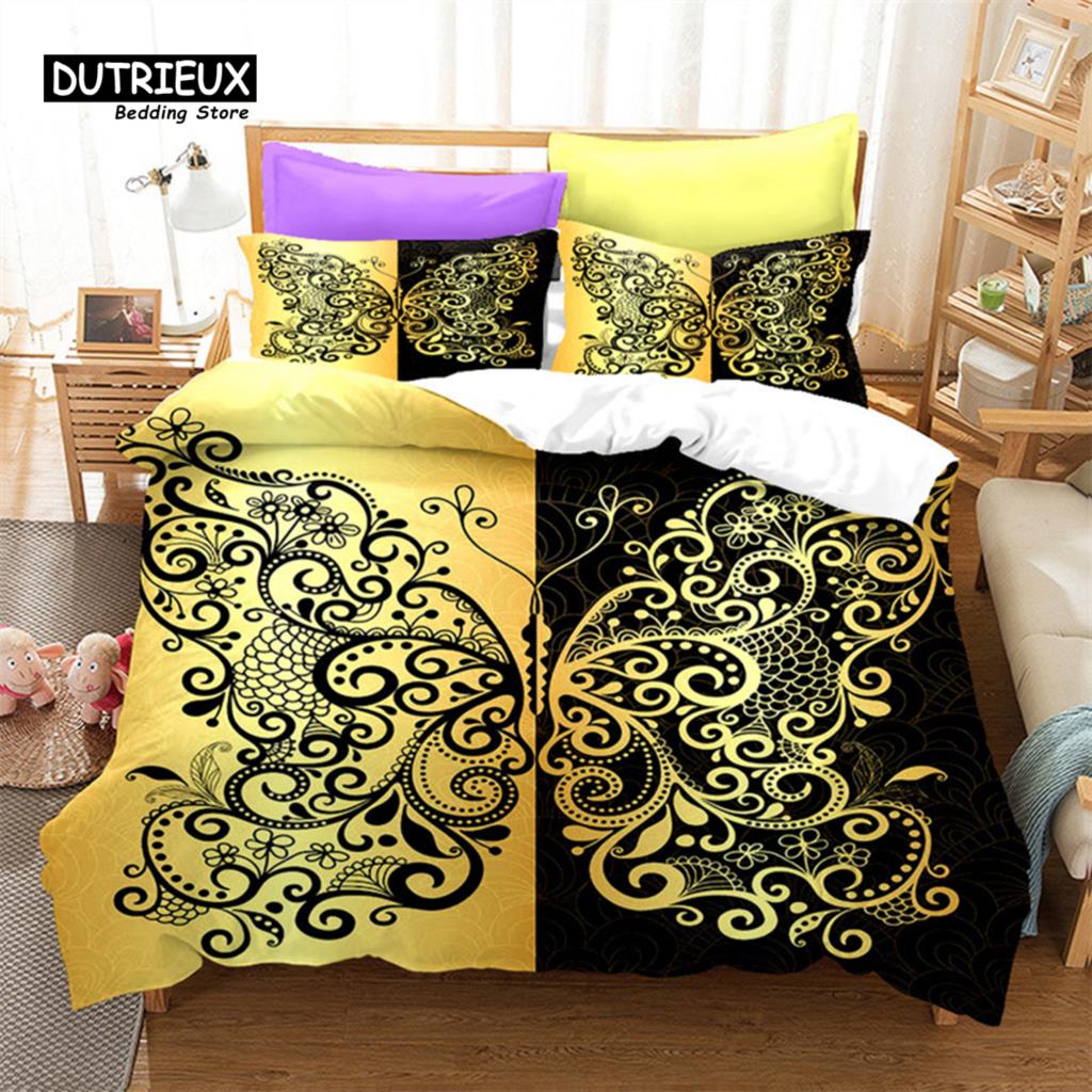Comforter Golden Butterfly And Floral Bedding Set Queen Print Black For Kids Girls Boys Adults Bedroom Decor