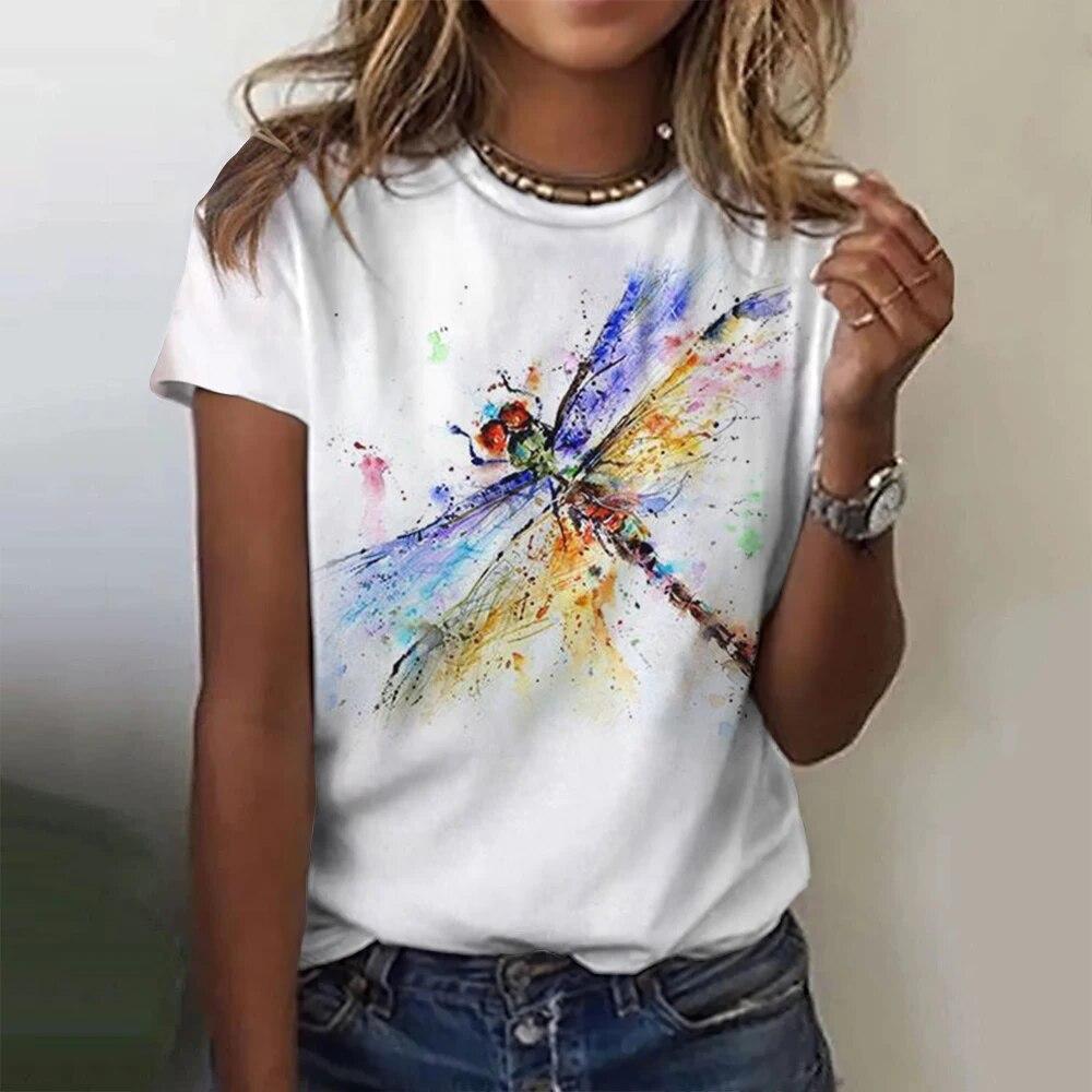 Damska koszulka 3d Dragonfly Printed Girls Top Street O-Neck z krótkim rękawem modna koszulka letnia codzienna koszulka dla kobiet