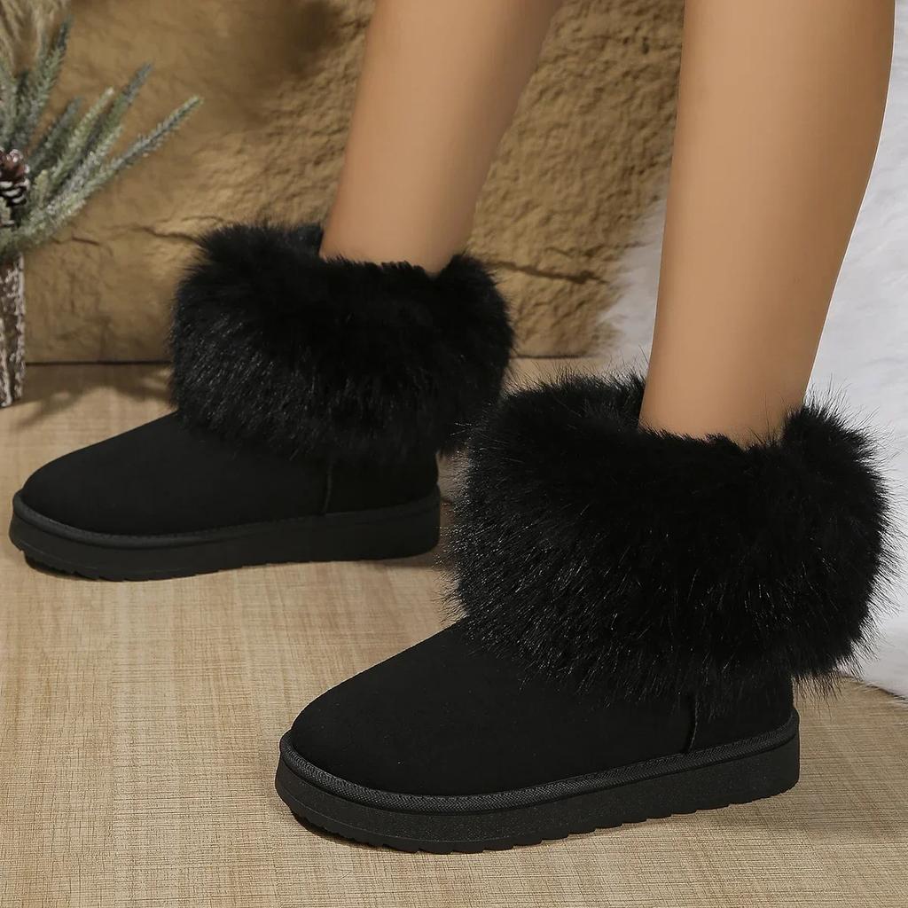 Fashion Luxury Long Plush Decoration Snow Boots Women Non Slip Soft Cotton Shoes Women 2025 Thicken Warm Faux Fur Ankle Boots Plus Size