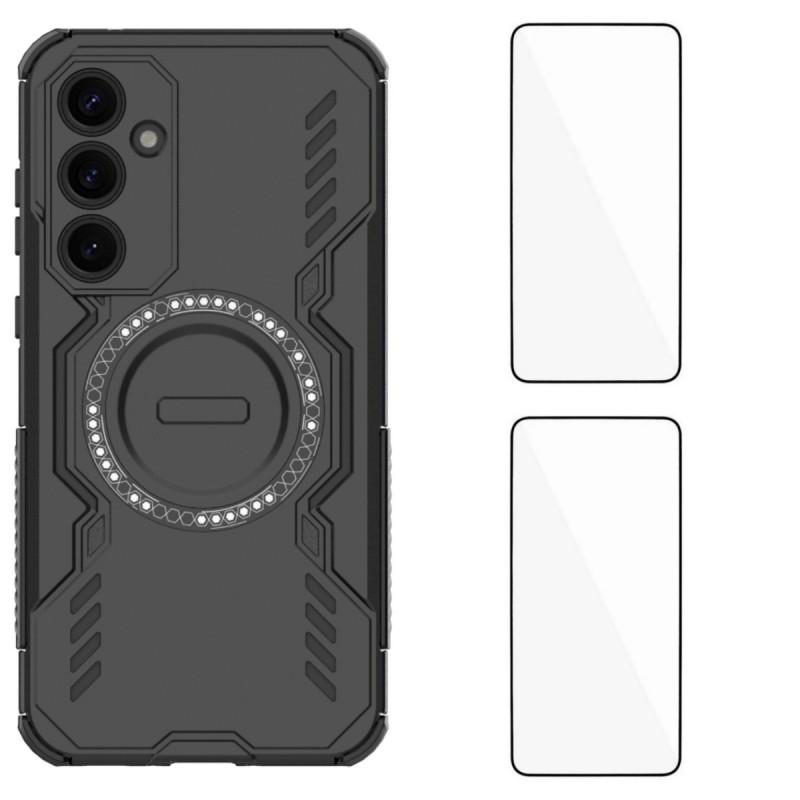 For Samsung Galaxy A35 5G Magnetic Case WANLONFENG DJ Series PC TPU Phone Cover with 2Pcs Tempered Glass Film