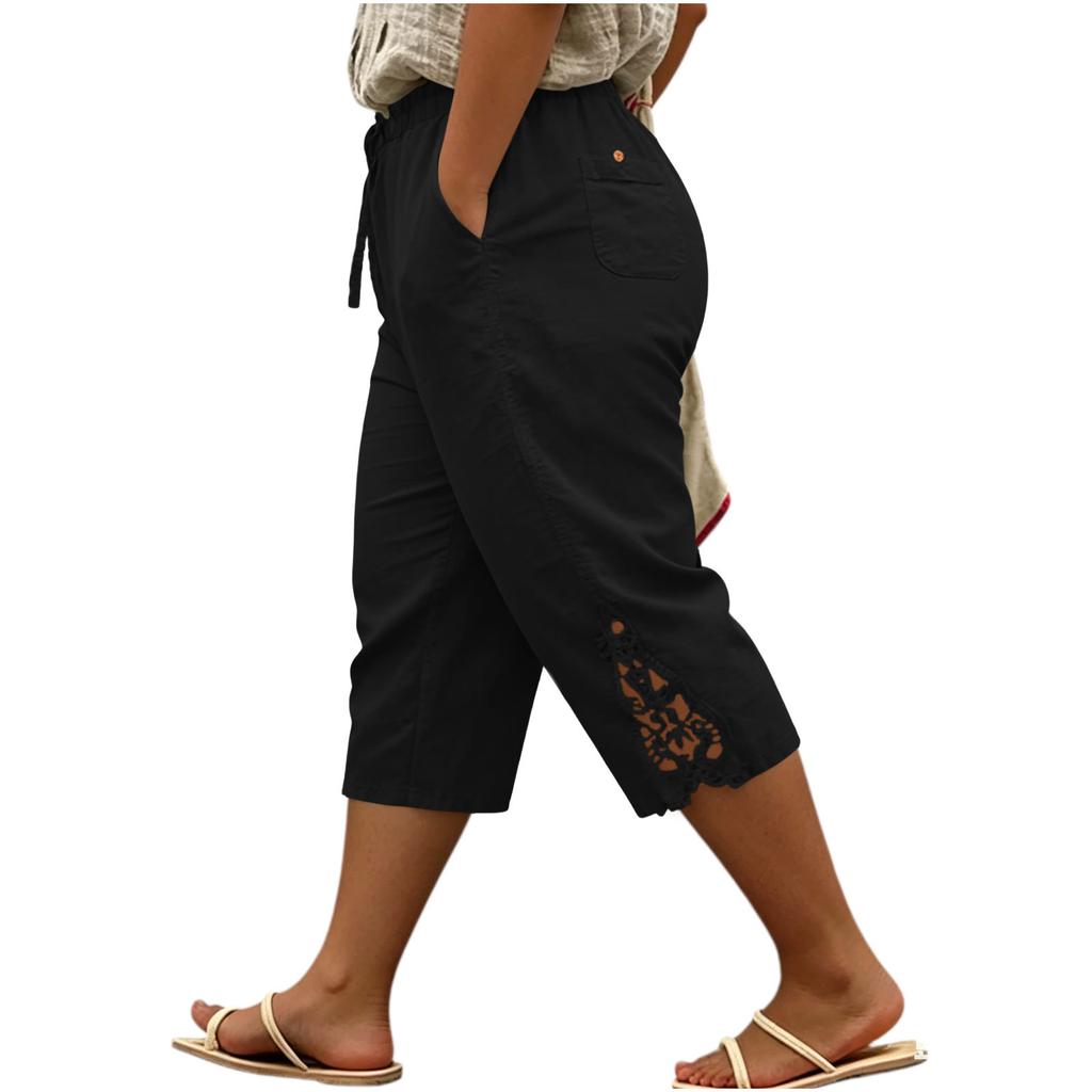 Women's Plus Size Pants Loose Fit Casual Cotton Linen with Embroidery Lace Trim