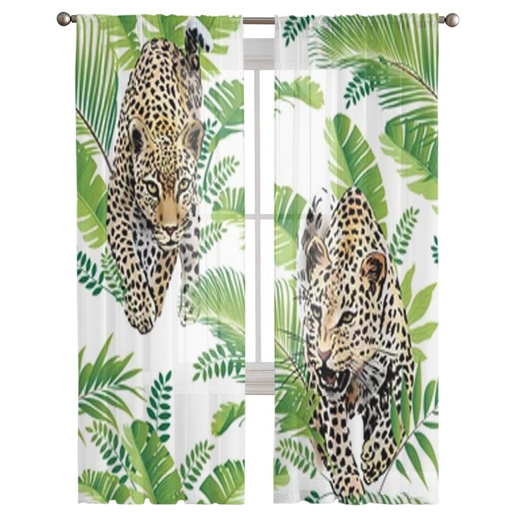 Leopard Palm Leaves Sheer Window Curtains For Living Room Bedroom Modern Voile Tulle Curtains Fabric Drapes For Kitchen
