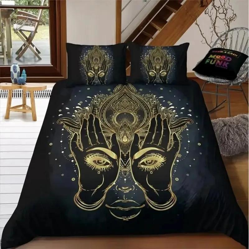Mandala Buddha Duvet Cover Set King Size Exotic Ethnic Bohemian Bedding Set Golden Black Lotus Flowers Gorgeous Comforter Cover