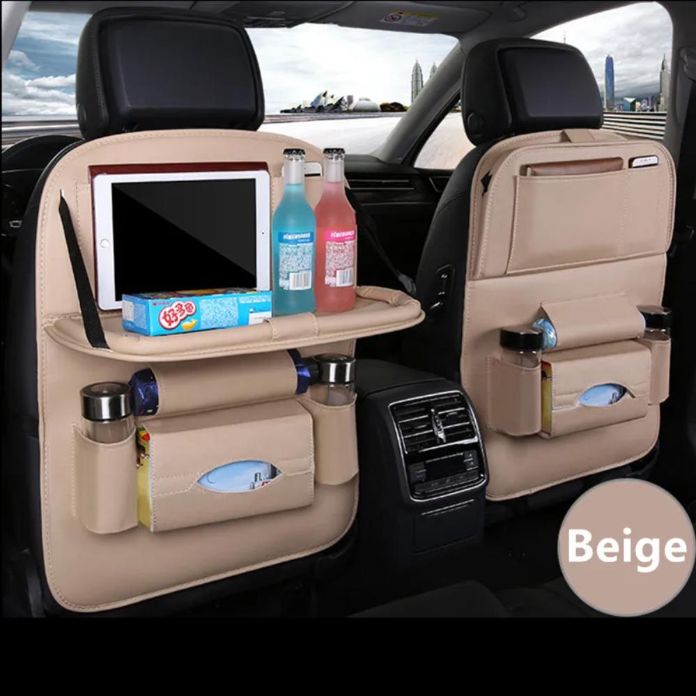 Car Seat Back Organizer with Foldable Table Tray PU Leather Storage Organizer Pockets Kick Mats Seat Interior Accessories