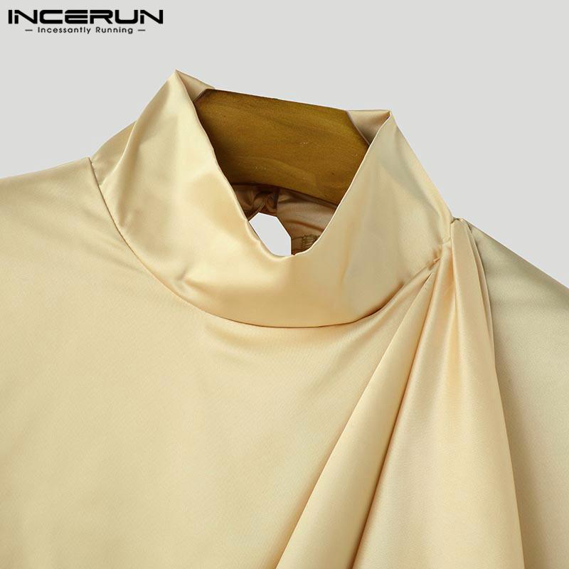 INCERUN Men Mockneck Long Sleeve Layers Irregular Ruffled Satin Shirts