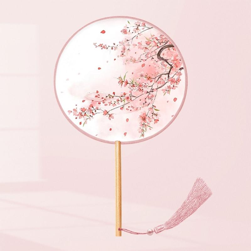 Chinese Fan with Pendant Handhelds Inks Painting Fan Tassels Round Silk Fan