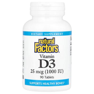 Factores naturales, vitamina D3, 25 mcg (1.000 UI), 90 tabletas