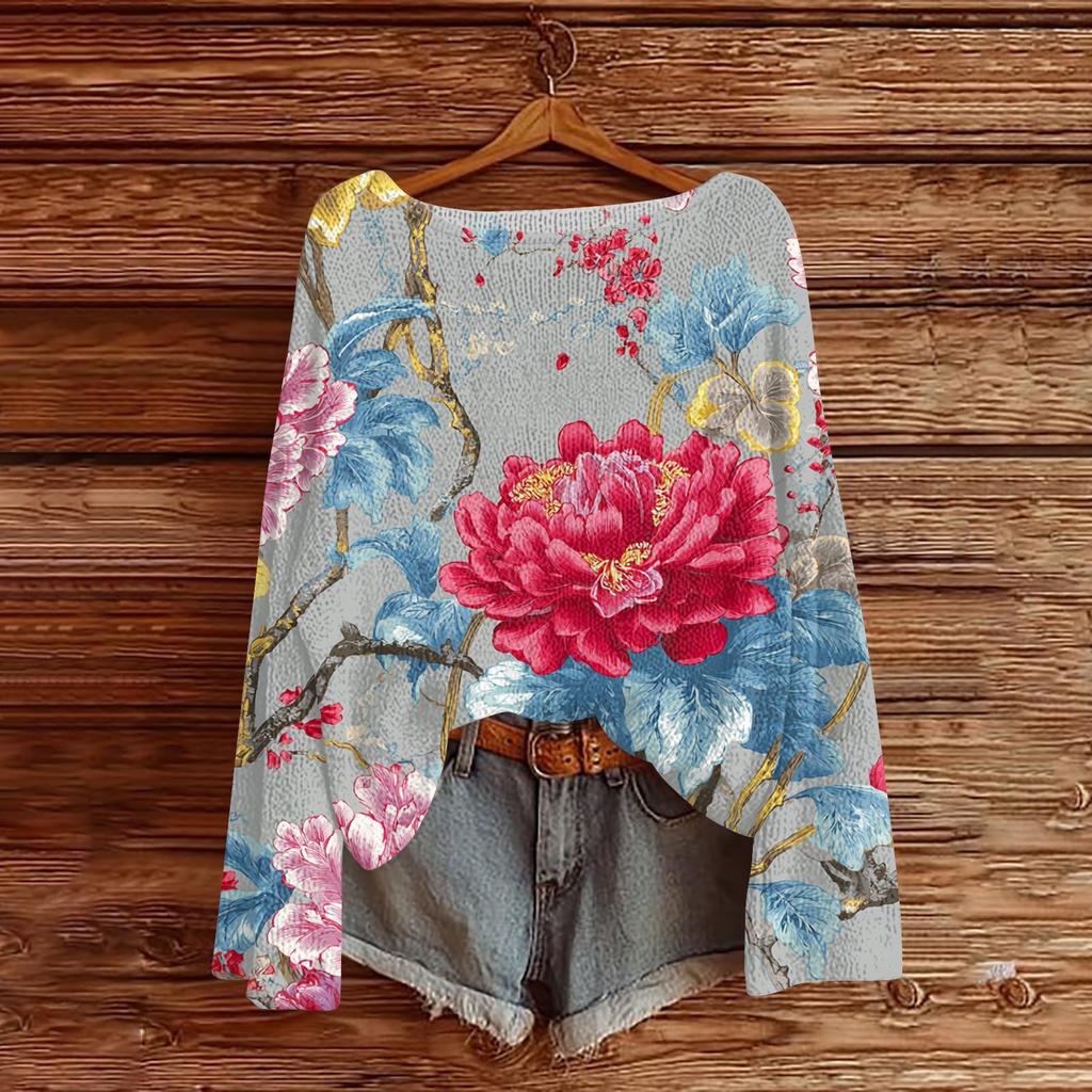 Women's Lightweight Sweater Casual Long Sleeve Knitted Vintage Floral Print Pullover