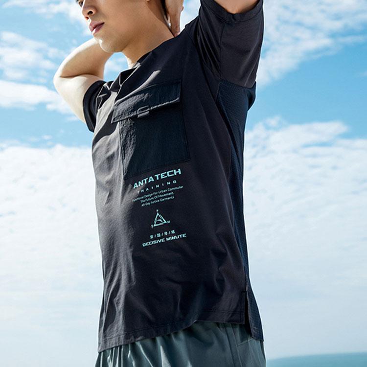 Anta Letter Pocket Casual Crew Neck T-Shirt Men Tops Black 952227109-4