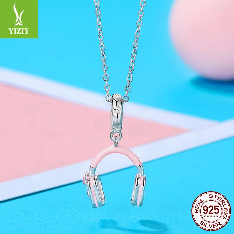 S925 Sterling Silver Pink Earphone Pendant, Exquisite And Sweet Diy Beaded Bracelet Jewelry Accessories