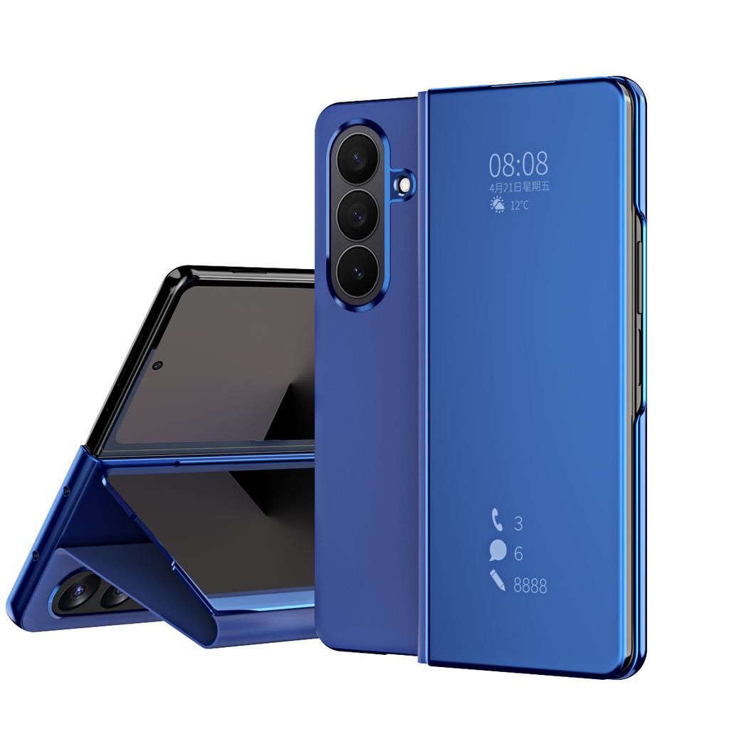 Smart Flip Case For Samsung Galaxy Z Fold 7 8 Fold7 Mirror Plating Plastic PU Leather Kickstand View Shockproof Phone Cover
