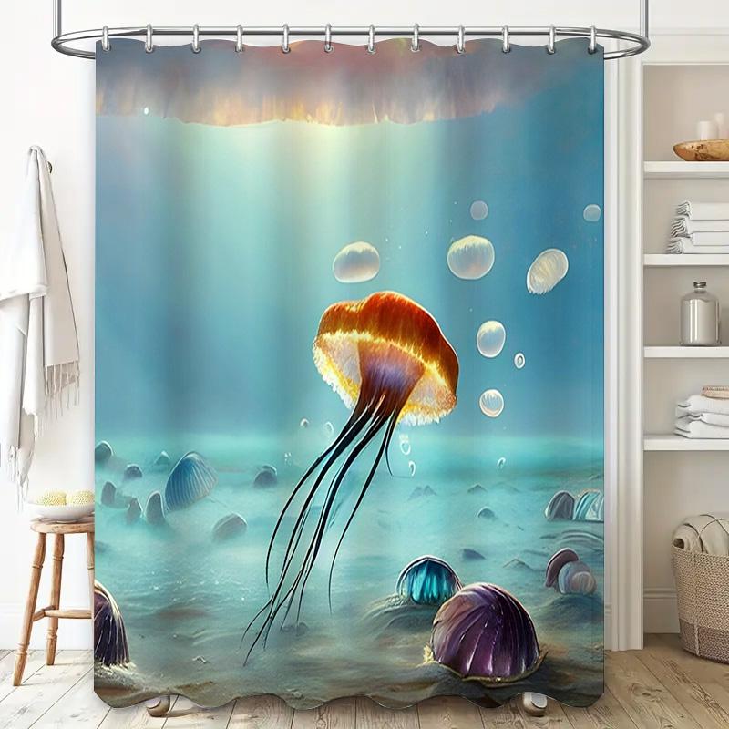 Blue Underwater World Shower Curtain with Jellyfish Design Waterproof Bath Fabric for Home Decor (Purple)