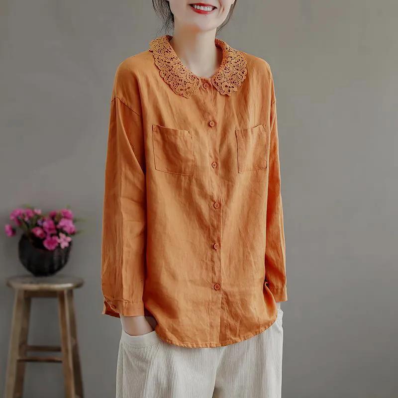 Wiosna Jesień Etniczny Styl Vintage Koronkowa Bluzka Bawełniana z Golfem Damska Długi Rękaw Uniwersalny Top z Guzikami Kobiety Luźna Casualowa Koszula