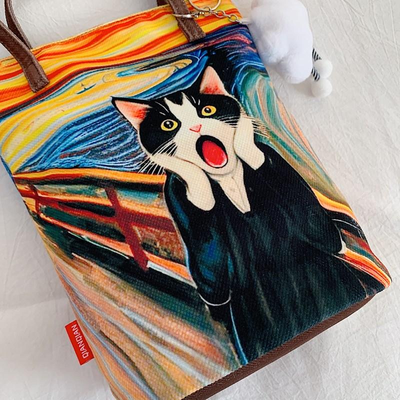 Women Handbag Lovely Cartoon Printed Bucket Bag Portable Cylinder Bag Canvas Tote Bag Students Carry Lunch Bags for Girls