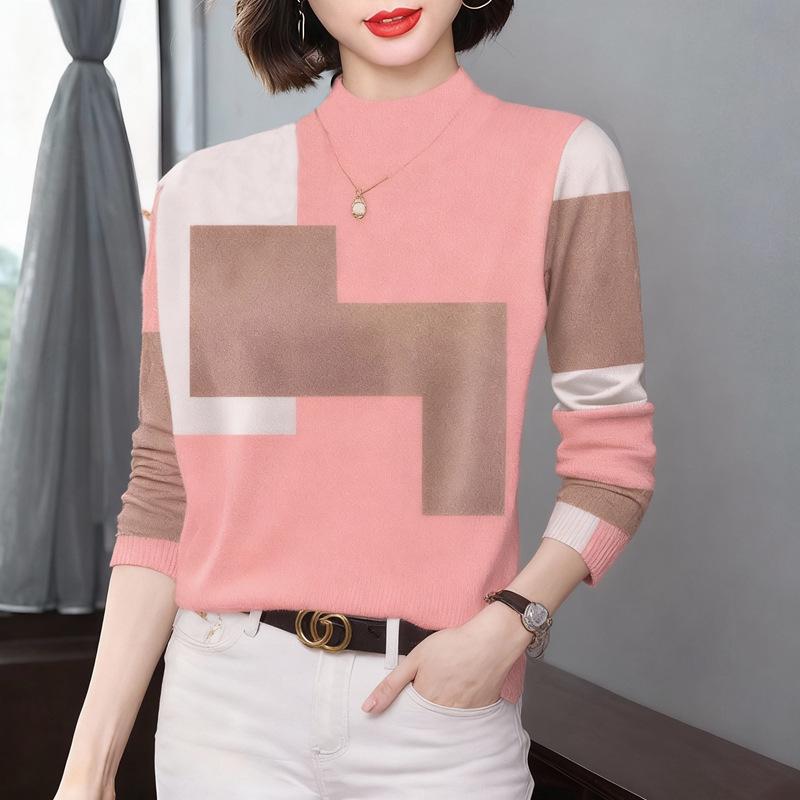 Elegant Geometric Pattern Maternity Top with Half-High Collar & Long Sleeves - Plush Lined for Comfort and Style