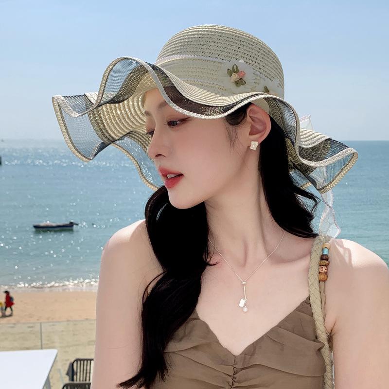 New hat women's summer small fresh straw hat sweet streamer beach hat vacation sunshade sun hat