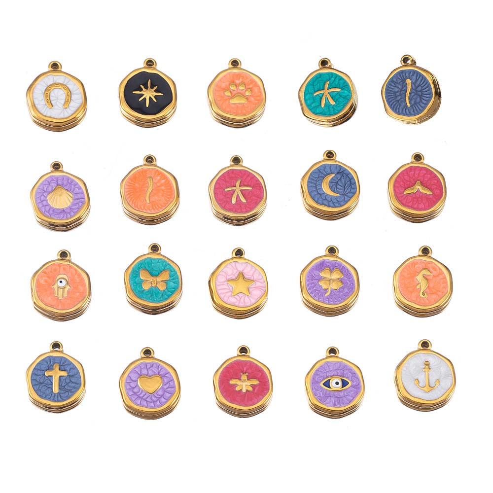 8pcs Gold Color Stainless Steel Enamel Heart Eye Sun Star Round Charm Pendants DIY Earrings Necklace Jewelry Making Supplies