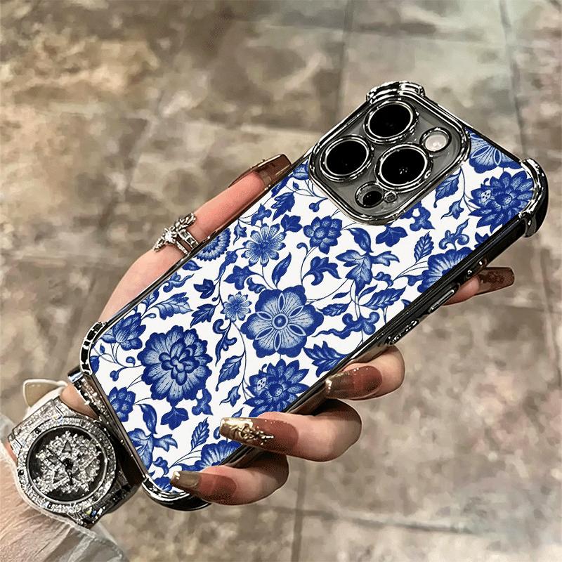 Blue And White Porcelain Pattern Plating Phone Case For Iphone 16 17 Pro Max Air 16E 14 15 Plus 12 13 Mini Anti-Fall Airabag Cov