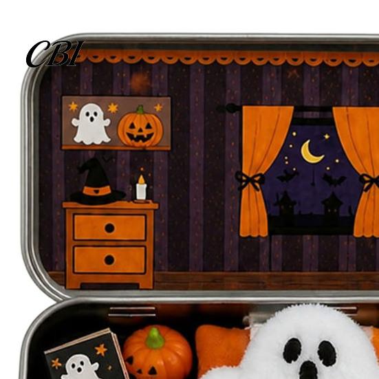 Halloween Cabin Illustration Mini Tin Box Gift, Plush Ghost with Haunted House Spooky Unboxing Experience Scene, Collectible Micro Theater Gift