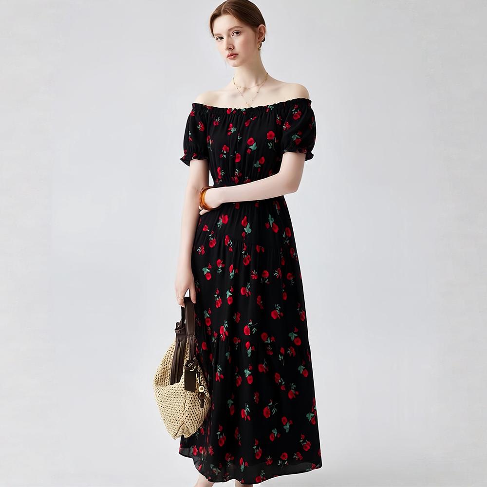 Bohemian Cotton-Silk Floral Printted Off-the-Shoulder French-Style Summer Dress for Women Ethnic-Style Elastic Waistband Pleayed Long Dress