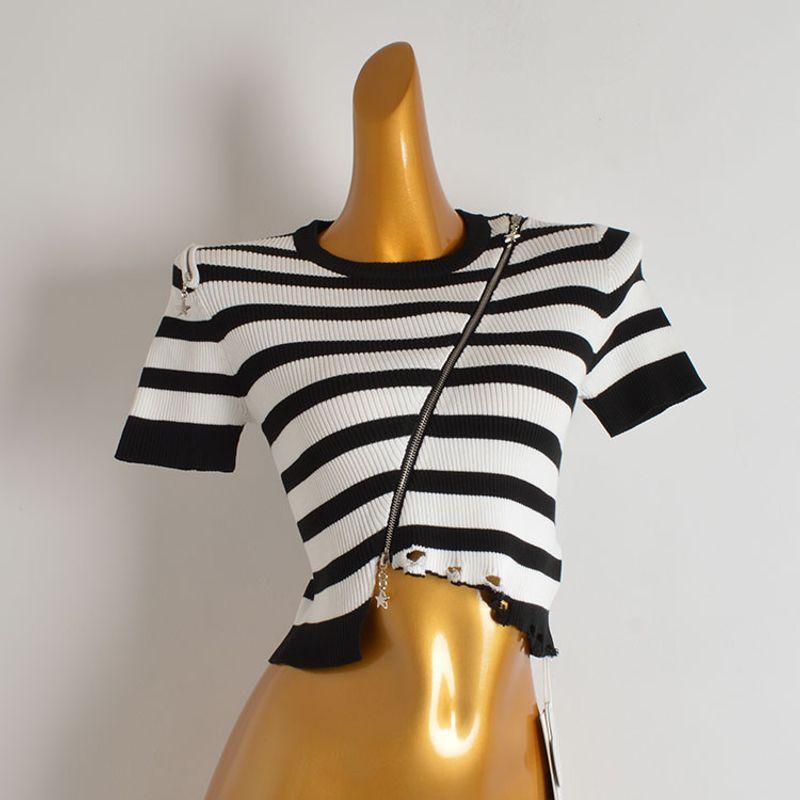 Summer New Arrival Contrast Color Stripes Zipped round Neck Short Sleeve T-shirt Women's Clothing Silm Slimming Sweater Tops Fashion