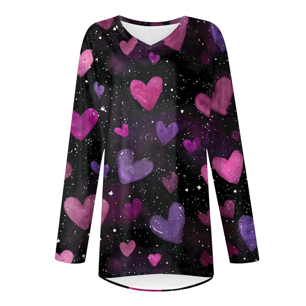 Women's Fashionable Casual Long,Sleeved Valentine's Day Print V,Neck Mid,Length Top