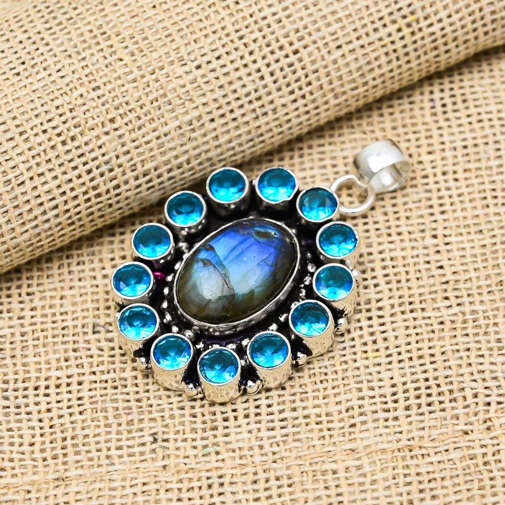 Labradorite, Blue Topaz Gemstone Handmade 925 Solid Sterling Silver Jewelry Pendant For Wedding Gift