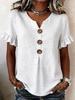Women Solid Color V Neck Short Sleeve Button Casual T Shirt Top