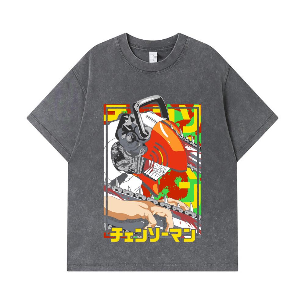275 GSM Washed T-shirts 100% Cotton Chainsaw Man V5 Denji Print Unisex Heavy Cotton T Shirt
