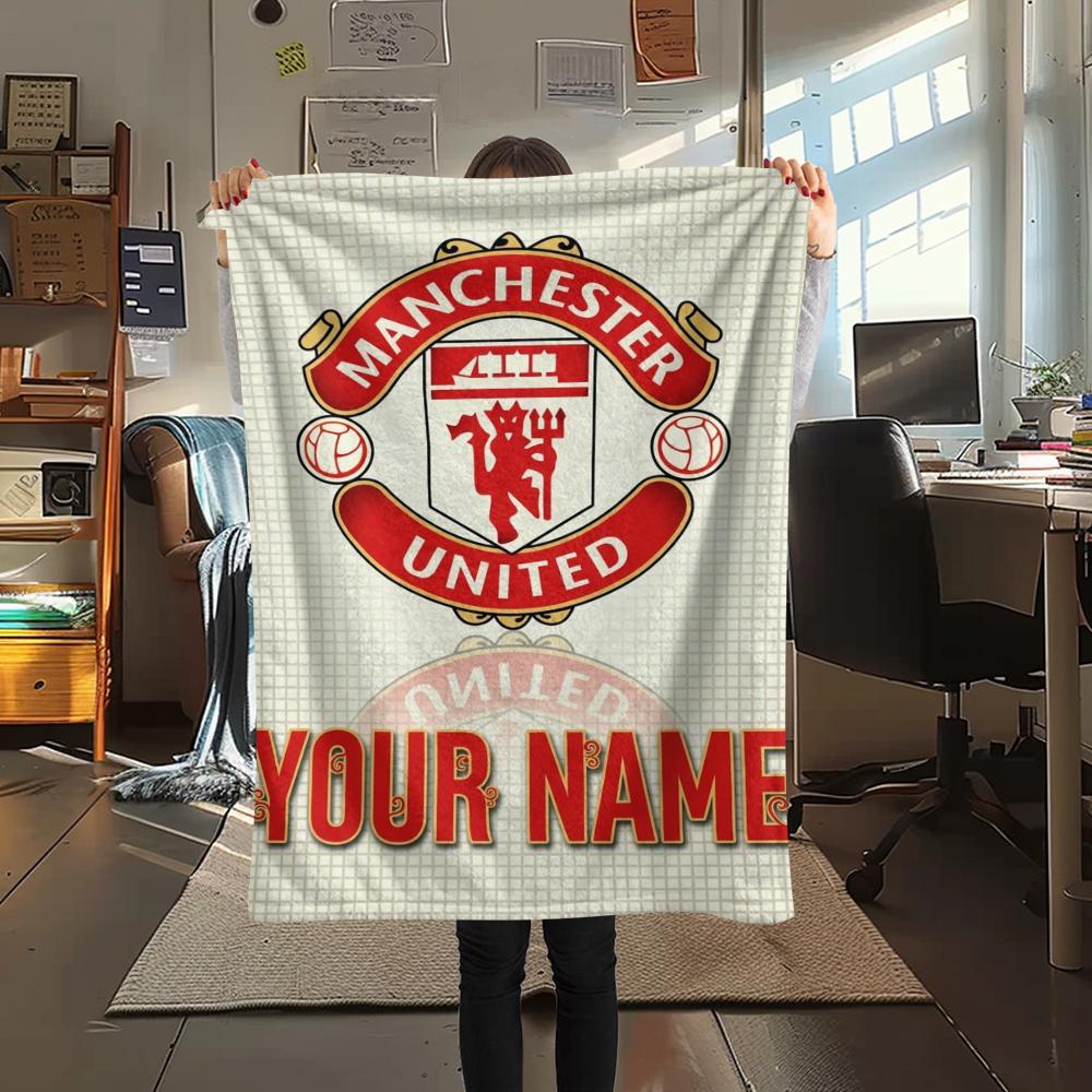 1PC Custom Name Manchester United FC Patterned Flannel Blanket Suitable For All Seasons for Home Decor Warmth and Comfort Gifts Holiday Present