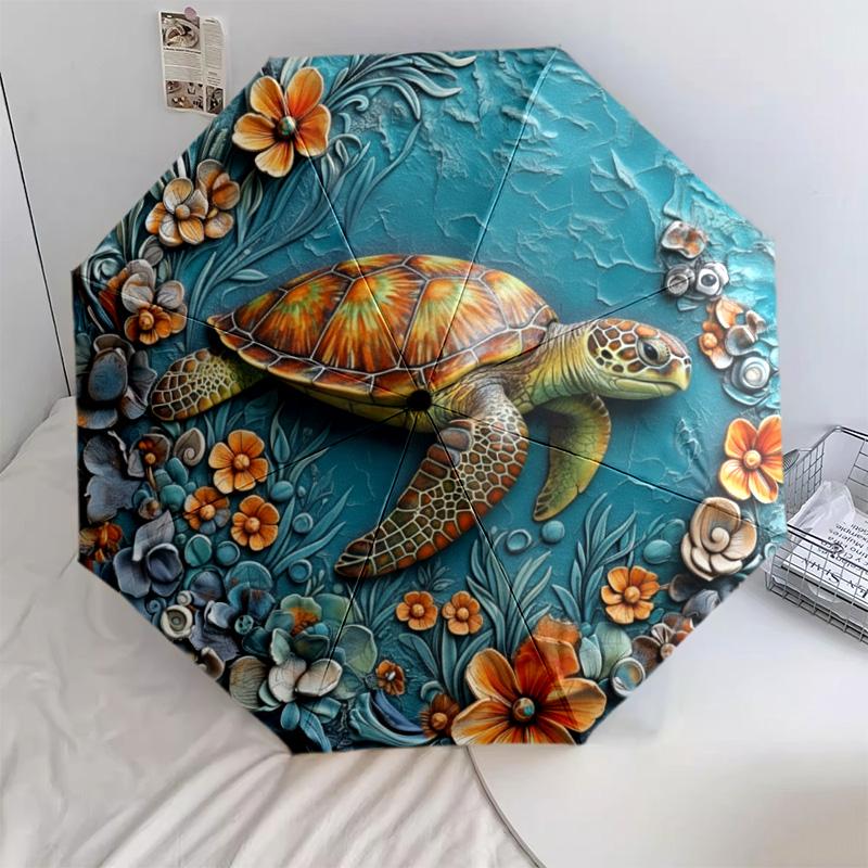 0106 Embossed Floral Marine Animals Pattern, Automatic Folding Umbrella, Portable and Foldable Design, 8 Ribs, a Christmas or Birthday Gift.