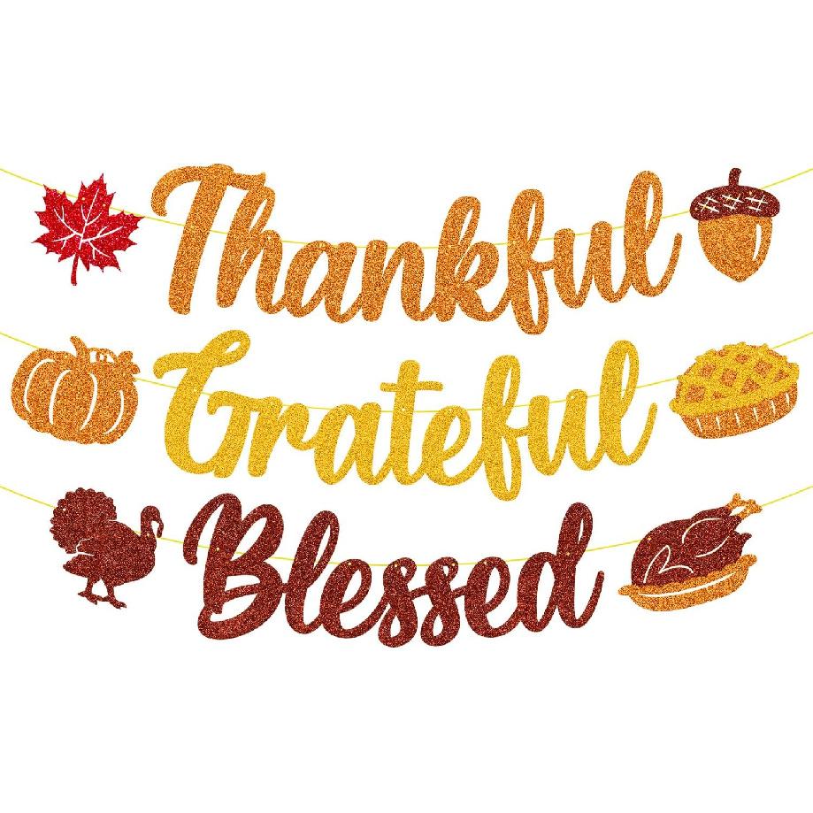 Thankful Grateful Blessed Banner Thanksgiving Harvest Party Decorations Autumn Maple Leaves Fall Theme for Men Women Friendsgiving Turkey Day Party