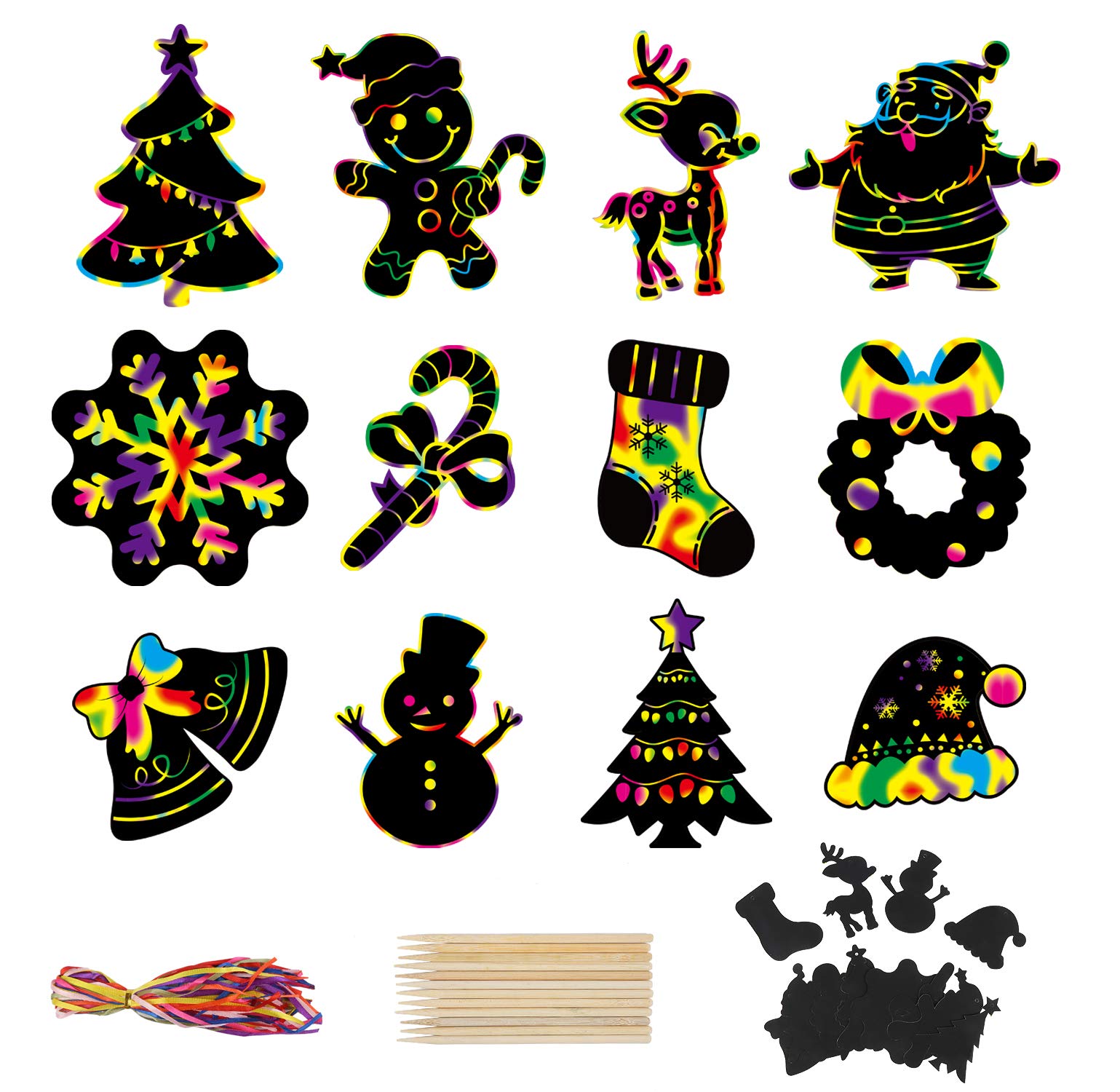 

DERAYEE Christmas Scratch Art Plain Rainbow Painting Set of 48 Pieces Includes 12 Exclusive Bamboo Pens Christmas Tree Decoration Scratch Drawing
