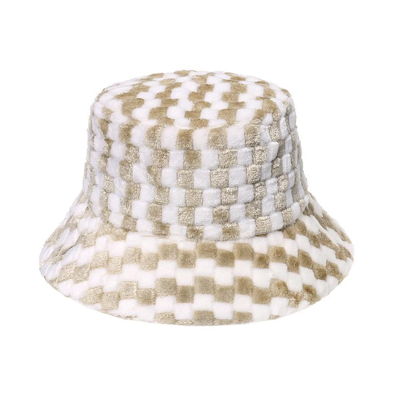 2025 European and American new casual trend mixed color plaid bucket hat plush hat thermal basin hat men and women autumn and winter