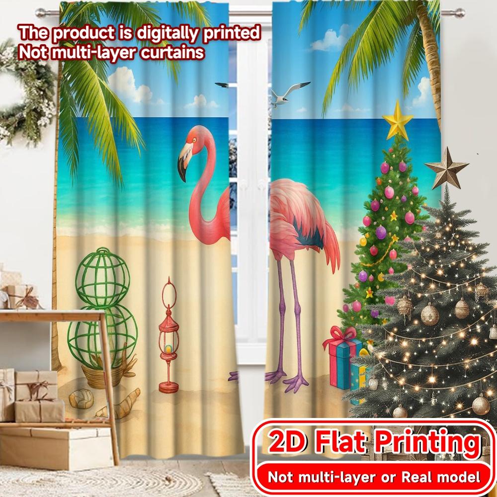 

Flat Printing Curtains Without Rod Tropicalfestivity Christmas Festival Chic Print Durable Polyester Curtain Set Of 2 Made Washable W100*H70(CM)-Hooks&2PCS