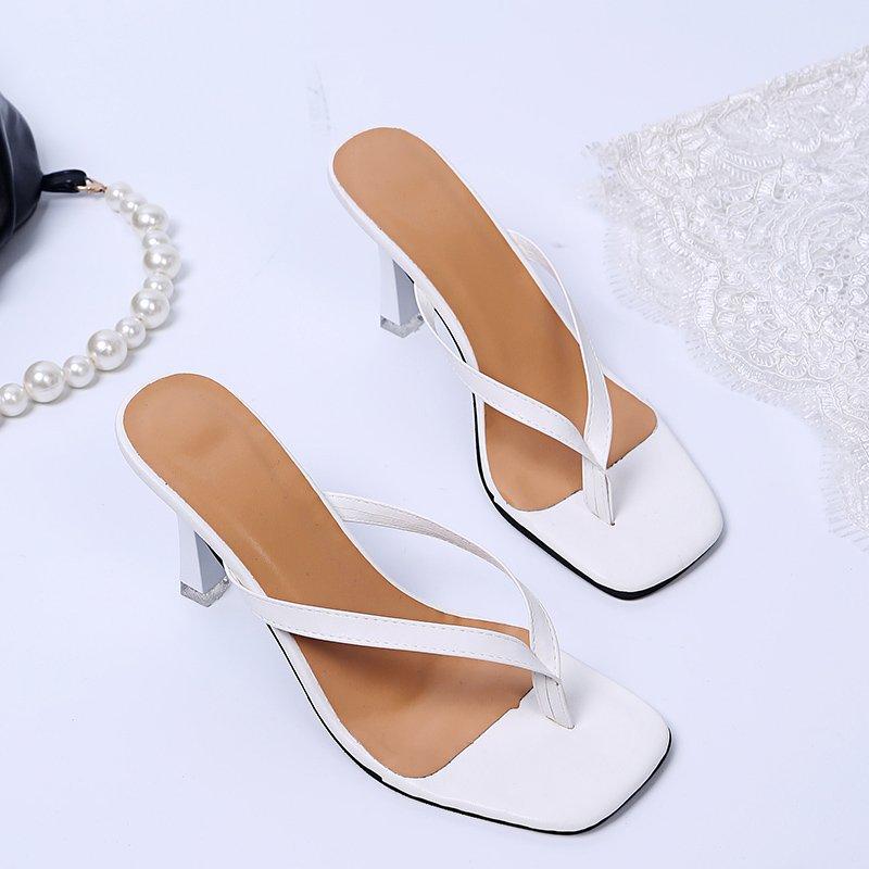 Mode Weiß Schwarz Dünne Absätze Sandalen Hausschuhe Frauen High Heels Flops Karree Slides Party Schuhe für Frau Große Größe Hausschuhe Sommer