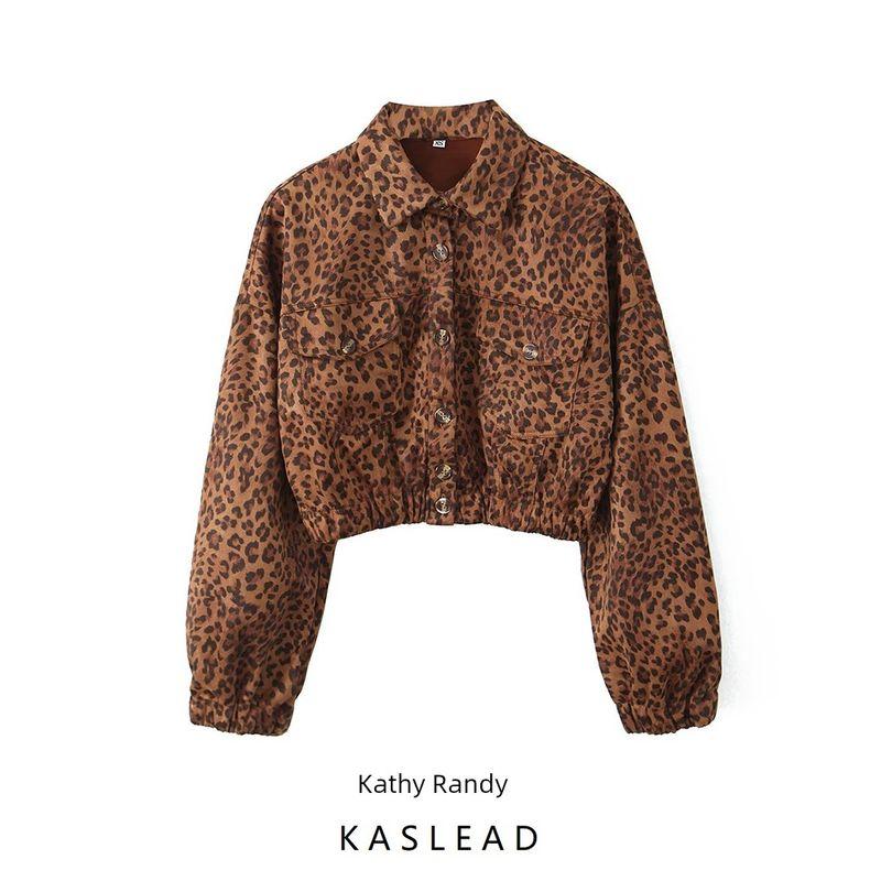 Kaslead New Arrival Women's Clothing Fashion Style Stylish Simple and Versatile Leopard Print Print Short Jacket Cardigan