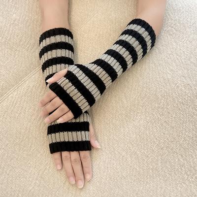 Women Knitted Striped Long Fingerless Decorative Gloves Arm Warm Sleeves Casual Soft Arm Cover Student Half-finger Mitten