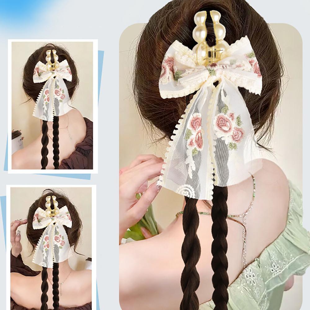 Female Synthetic Wig Lace Flower Bow Tie Tassel Grabbed Clip Wig Natural Fake Twist Ponytail Creative Gentle Versatile Hairstyle