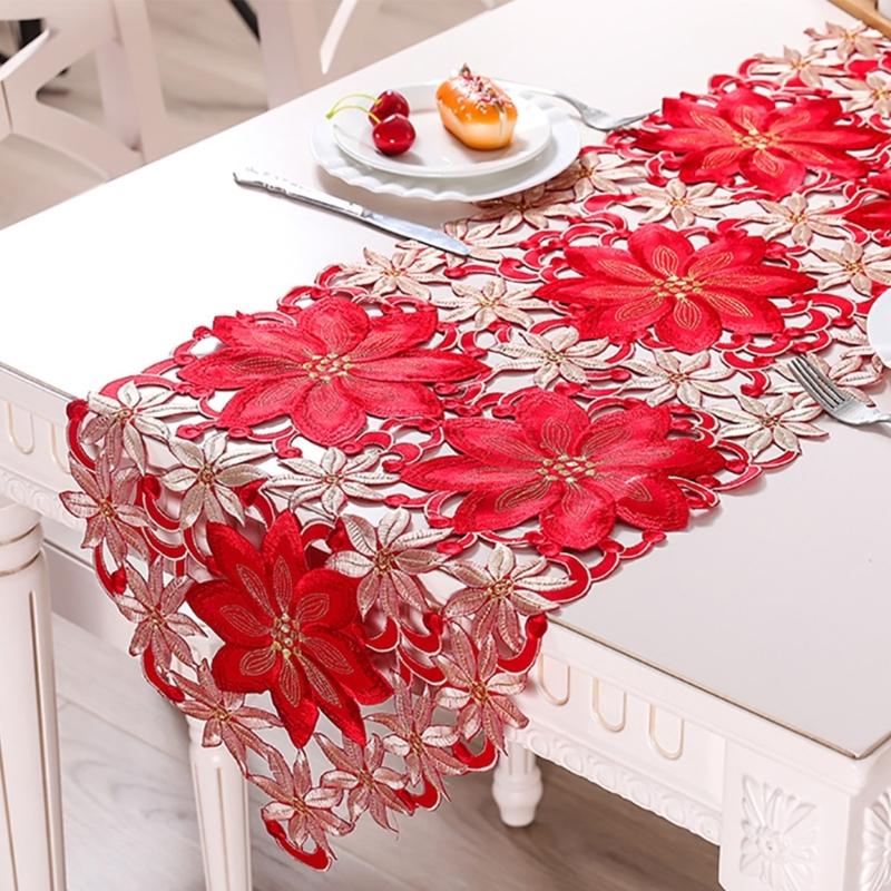 Linen Table Runner Long Embroidered Rustic Table Linen Flower Pattern Hollow Table Cover Dining Room Decoration Home Use