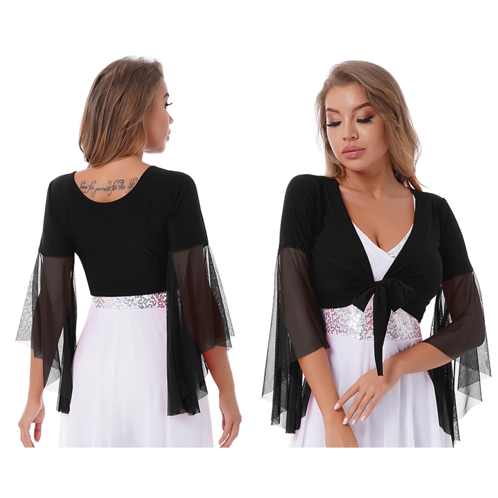 

Женский блестящий топ на шнуровке с кисточками для танца живота, кружевной топ с расклешенными рукавами 3/4, шаль, укороченные топы, танцевальная одежда One Size чёрный