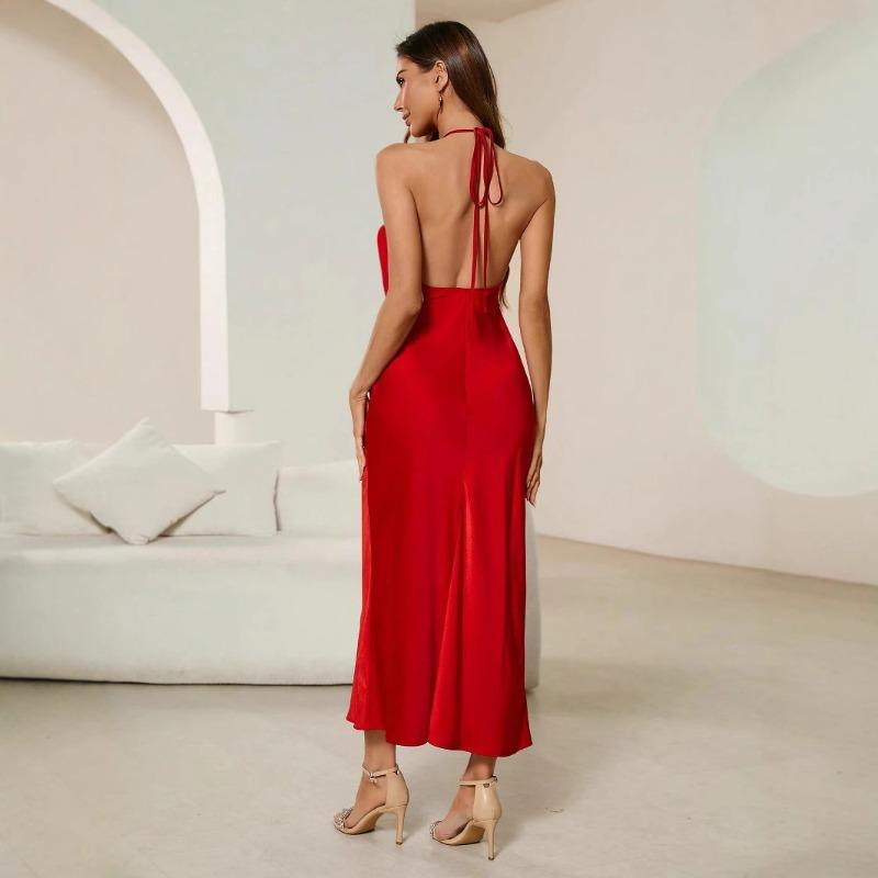 Summer Fashion Women's Sexy Summer Halter Sleeveless Solid Color Party Dress